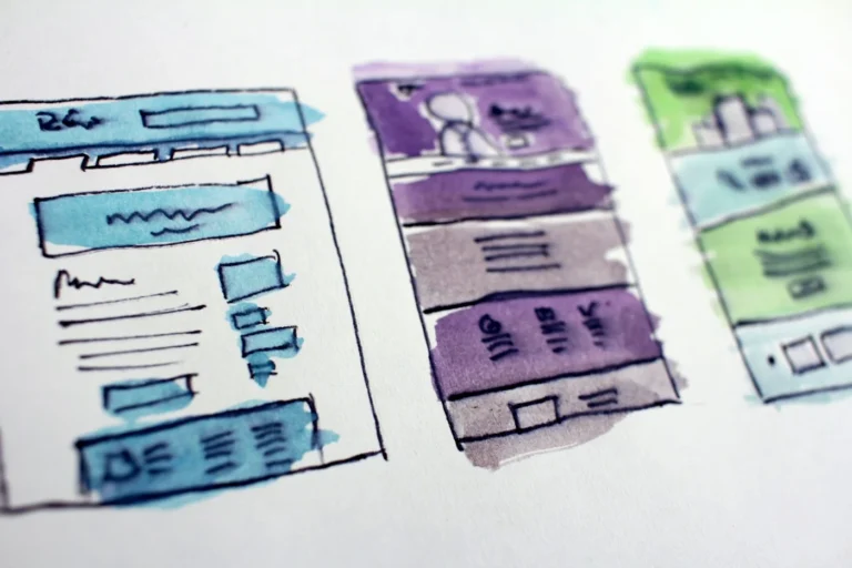 Hand-drawn website wireframe sketches in blue, purple and green watercolour